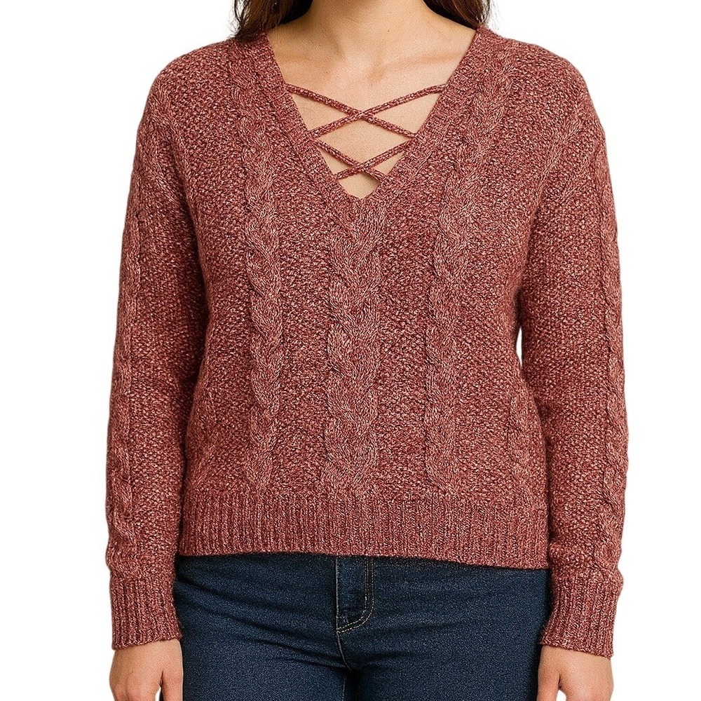 Aeropostale XL Lace Up V-Neck Cable Knit Sweater Womens Boho Burgundy Maroon
